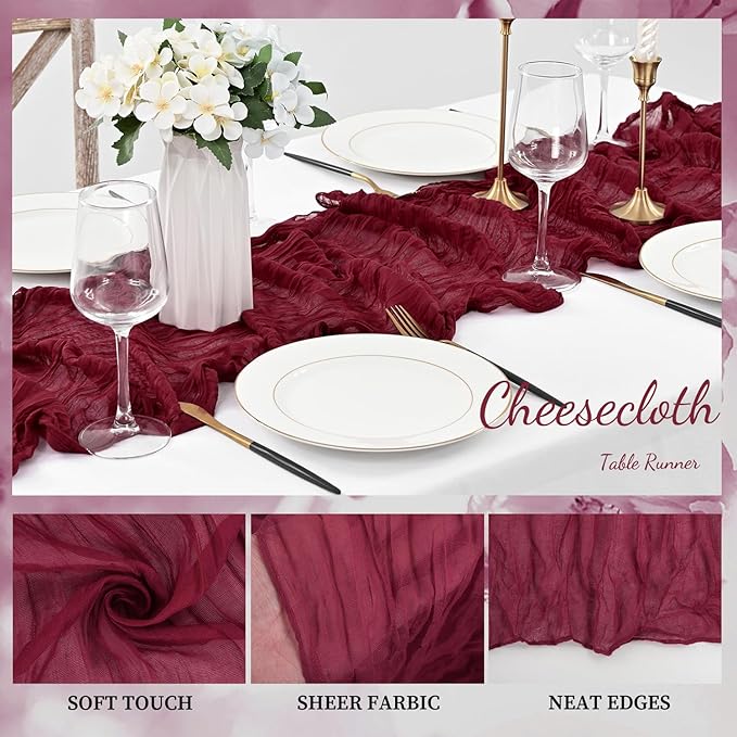 Burgundy 6 Pack Cheesecloth Table Runner 10FT Rustic Gauze Cheese Cloth Table Runner for Wedding Bridal Baby Shower Table Decor 20 x 120 Inch Long Boho Fabric Sheer Birthday Party Table Decorations