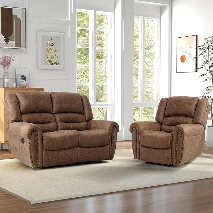 CANMOV Manual Reclining Sofa Set,Faux Leather Manual Recliner Loveseat and Recliner Chair with Overstuffed Armrest for Living Room,Bedroom Furniture,Office,Nut Brown
