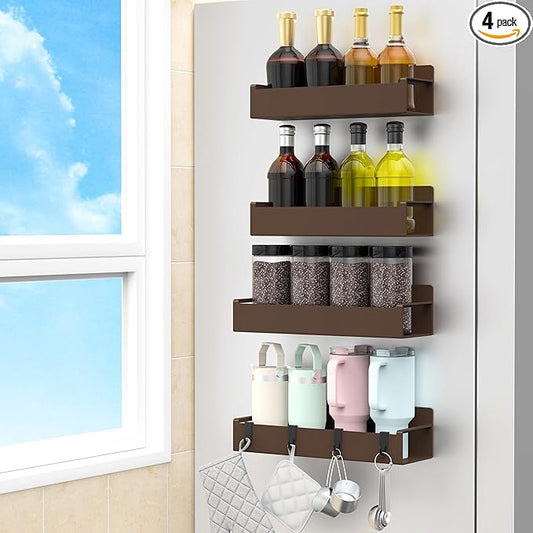 4 Pack Magnetic Spice Rack Organizer for Refrigerator and Oven, Brown Fridge Organizers and Storage for Kitchen