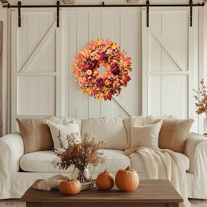 26'' Large Fall Wreath for Front Door, Autumn Wreaths for Outdoor Home Decor - Farmhouse Wreath with Maple Leaves, Pumpkins, Roses, Thanksgiving Decoration, Rustic Harvest Festival Door Hanging