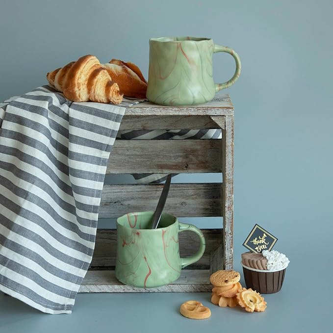 Abstract Art Ceramic Coffee Mugs Set - 2 Pack, Mint Green with Red and White Accents, Handcrafted Design for Modern Kitchen or Office