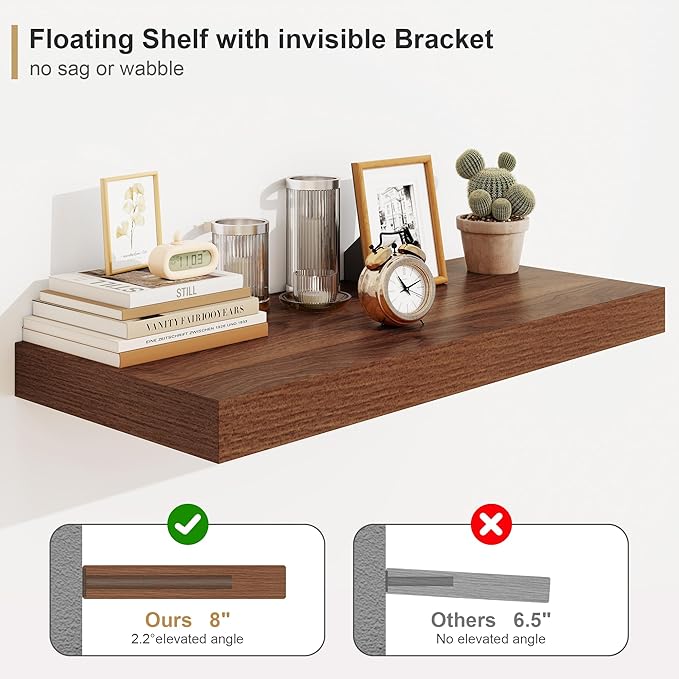 Heimlove 12" Deep Floating Shelves for Wall Shelf Over Toilet Wall Mounted Farmhouse Long 55 inches Set of 1, Farmhouse Shelves with Invisible Brackets for Living Room, Kitchen, Bedroom,Walnut