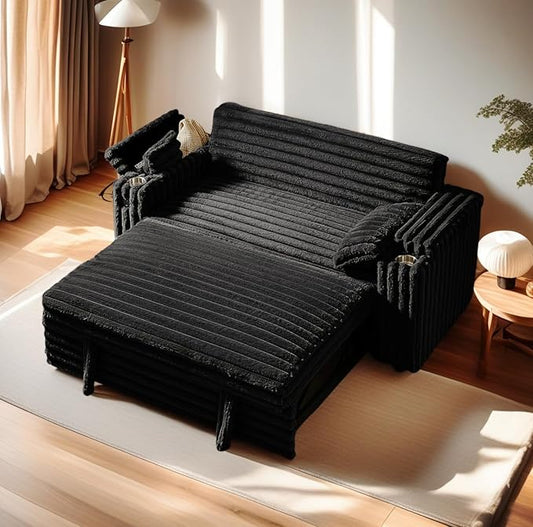 57-Inch Velvet Full Size Sleeper Sofa Couch with Pullout Bed,Convertible Pull Out with Golden Decorative Strip and Adjustable Backrest for Small Spaces,Apartment, Guest Room, RV (1109Black)