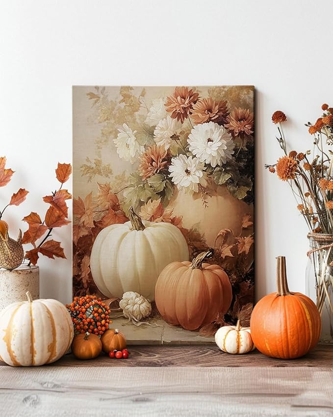 AbcCustomize Fall Wall Art Pumpkin Floral Print, Vintage Thanksgiving Decorations Canvas for Autumn Decor, Rustic Daisy Farmhouse Wall Art Decor for Bedroom Living Room Kitchen, Ready to Hang
