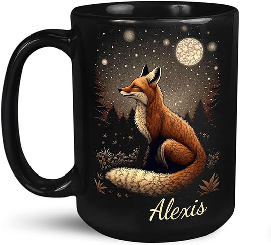 Animal Lover Mug with Custom Name, Nature Inspired Coffee Mug 11oz or 15oz, Personalized Cute Fox Ceramic Cup, Unique Animal Art Black Coffee Cup, Gifts for Friends, Family