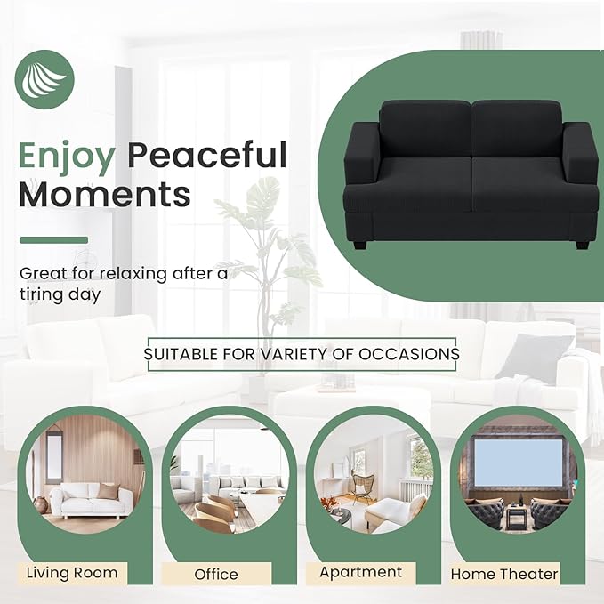 3 Pieces Corduroy Couch Set for Living Room, 8 Seats Cloud Sofa, Deep Seat Floor Couch for Bedroom, Futon Modern Sofa Sectional Bed, Black Corduroy