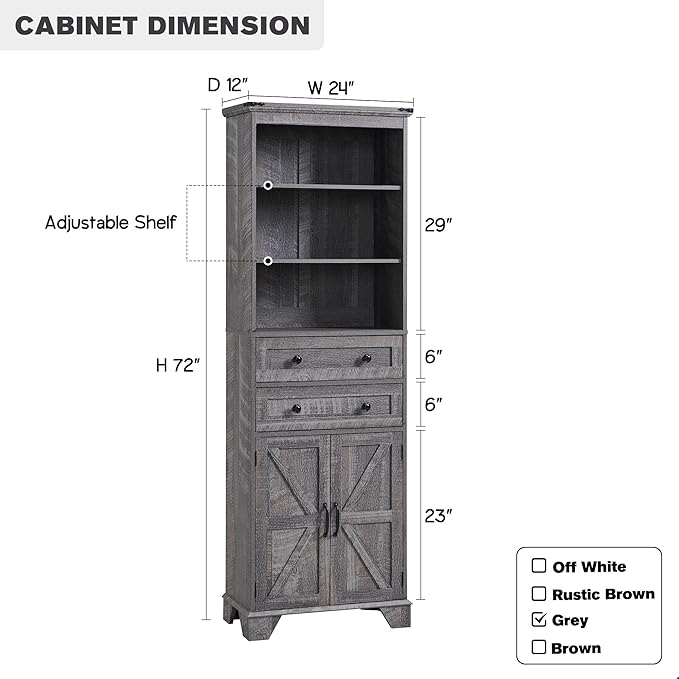 Bathroom Storage Cabinet, 72" Tall Farmhouse Storage Cabinet with 2 Drawers, Adjustable Shelves & Barn Door, Cabinet for Bathroom, Living Room, Kitchen, Grey Wash