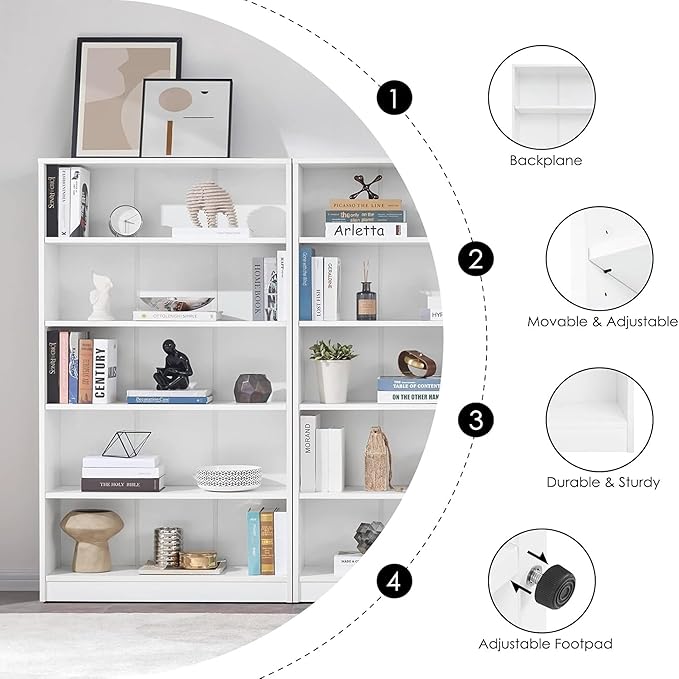 Bookshelf, Open Modern Bookshelf, 5 Shelf Bookcase with Freestanding Display Storage, Wooden Book Shelf for Bedroom, Living Room, Dinning Room, Office, 60 Inch, White