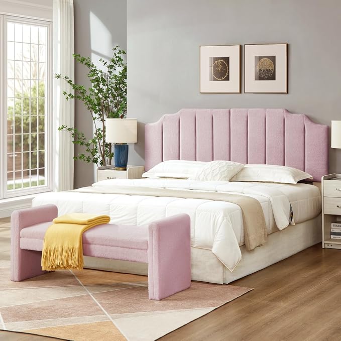 24KF Pink Teddy Fabric Tufted King Upholstered Headboard, Modern Vertical Channel Design California King Headboard with Stepped Silhouette Top Edge,6026-K-Teddy Pink