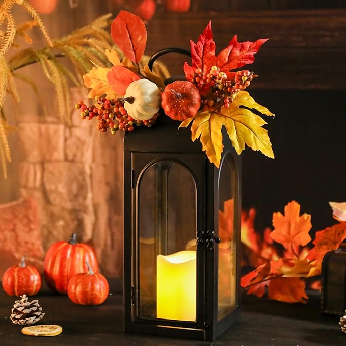 Bdor 2 Pack Fall Lanterns Decor with LED Candle – 16 Inch Harvest Pumpkin Maple Leaf Hanging Lantern for Autumn Thanksgiving Table Centerpiece Indoor Outdoor Decoration, Battery Operated
