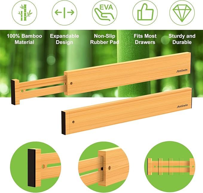 ANTOWIN Bamboo Drawer Dividers Organizers 16pcs, Expandable Drawer Separators Splitter, 17-22 inches Long Adjustable Spring-loaded Organizer for Large Utensil, Clothes, Tools Drawers (8+8)