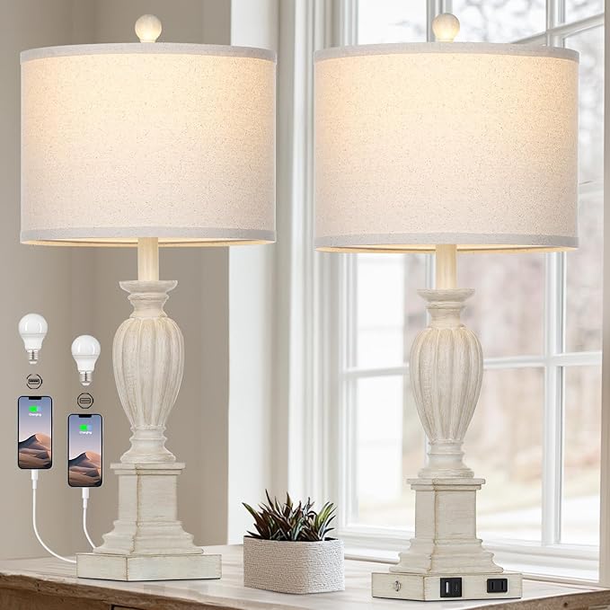 27" Farmhouse 3 Way Dimmable Touch Table Lamp Set of 2 Rustic Classic Bedside Nightstand Wood Lamps for Living Room Bedroom with USB C+A Ports Washed White (2 Bulbs Included)