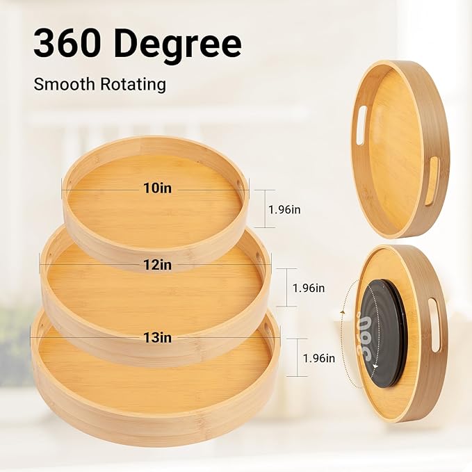 12in Bamboo Lazy Susan Organizer for Countertop and Cabinet with Large and Stable Chassis,Round Rotating Bamboo Tray for Station Organizer,for Kitchen Bathroom Laundry Room (12in)