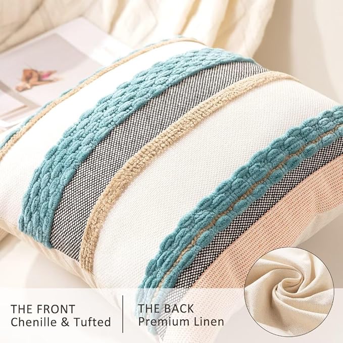 Boho Throw Pillow Covers 18x18 Set of 2 Farmhouse Decorative Cushion Case Striped Square Pillows Cover Chenille Pillow Cases Accent Neutral Pillowcase for Sofa Couch Bed,Blue