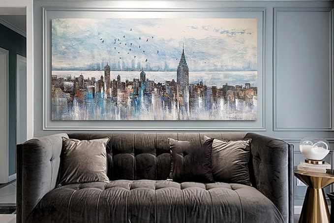 Arjun Cityscape Wall Art New York City Skyline Buildings Picture Modern Abstract Grey NYC Skyline Birds Painting Framed Artwork for Bedroom Living Room Bathroom Home Office Decor, Large Size 40"x20"