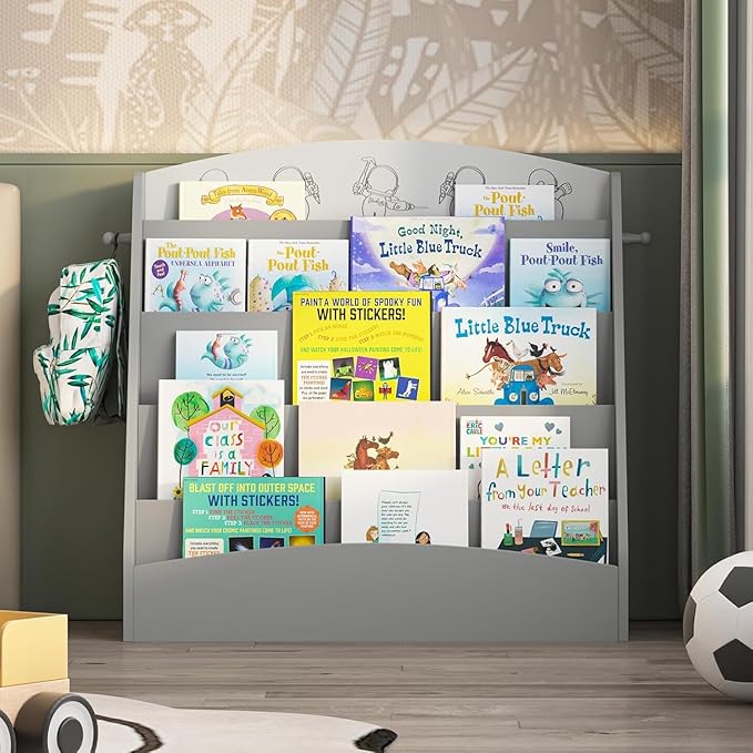 5-Tier Kids Bookshelf Montessori Toddler Book Rack Baby Bookcase Floor Front Facing Magazine Display Shelf for Bedroom Playroom Nursery Classroom Kindergarten Wood (Gray)