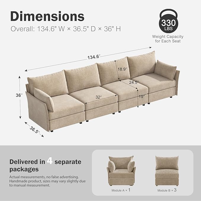 134.6" Modular Sectional Sofa, Oversized 4 Seater Couch with Removable Beige Chenille Fabric Cover, Deep Seat & High Backrest for Living Room, Office & Apartment