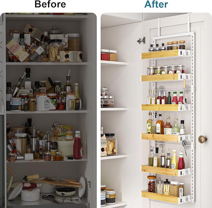 bukfen Over the Door Pantry Organizer 6-Tier Adjustable Basket Kitchen Pantry Door Organization and Storage, 2 in 1 Wall Mount or Hanging Heavy-Duty Metal Hanging Kitchen Spice Rack,White Bamboo Color