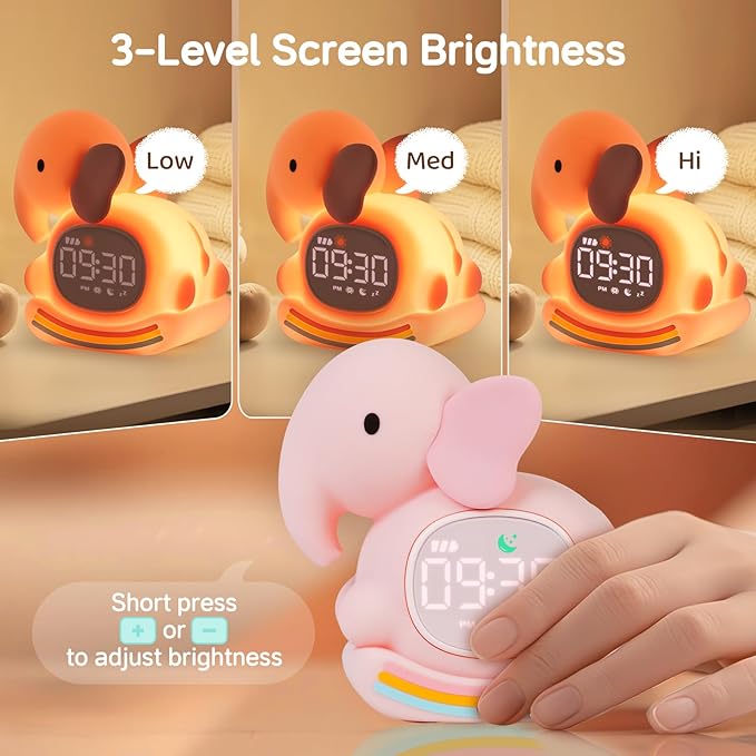 Alarm Clock for Kids with Night Light, Sleep Training Clock Time to Wake Clock, Rechargeable Silicone Light for Bedroom, Perfect Sleep Companion for Boys Girls, Pink Elephant