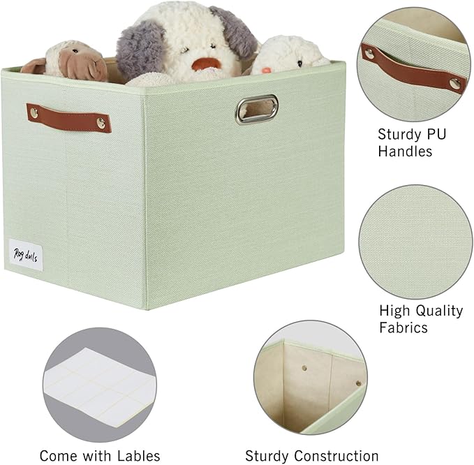 3-Pack Foldable Fabric Storage Bins with Durable PU & Metal Handles, Collapsible Storage Baskets for Shelves, Home Storage, Closet Organizers, Living Room(17"x11.8"x11.8", Sage Green)