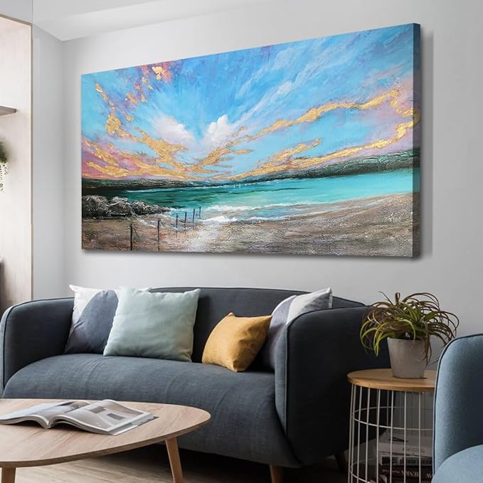 Arjun Ocean Teal Wall Art Canvas Coastal Beach Painting Blue Turquoise Landscape Sunset Picture, Panoramic Gold Foil Textured Large Artwork Framed for Living Room Bedroom Bathroom Wall Decor 40"x20"