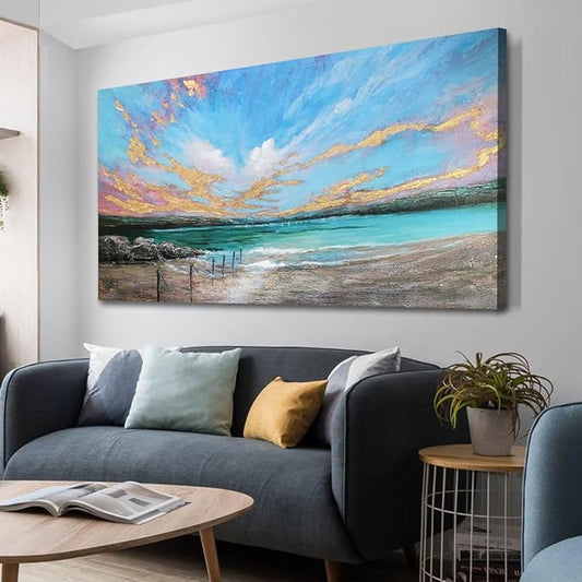 Arjun Ocean Teal Wall Art Canvas Coastal Beach Painting Blue Turquoise Landscape Sunset Picture, Panoramic Gold Foil Textured Large Artwork Framed for Living Room Bedroom Bathroom Wall Decor 40"x20"