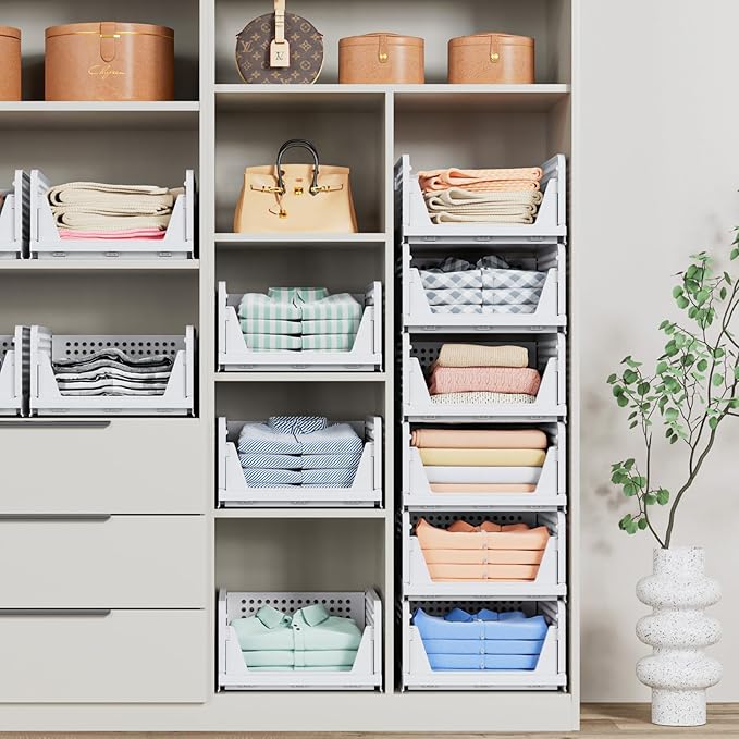 5 Pack Stackable Closet Storage Basket - Stackable Storage Bins, Multifunctional & Foldable Closet Organizer, Wardrobe Cupboard Space-Saving Hat Storage Drawer Organizer, White