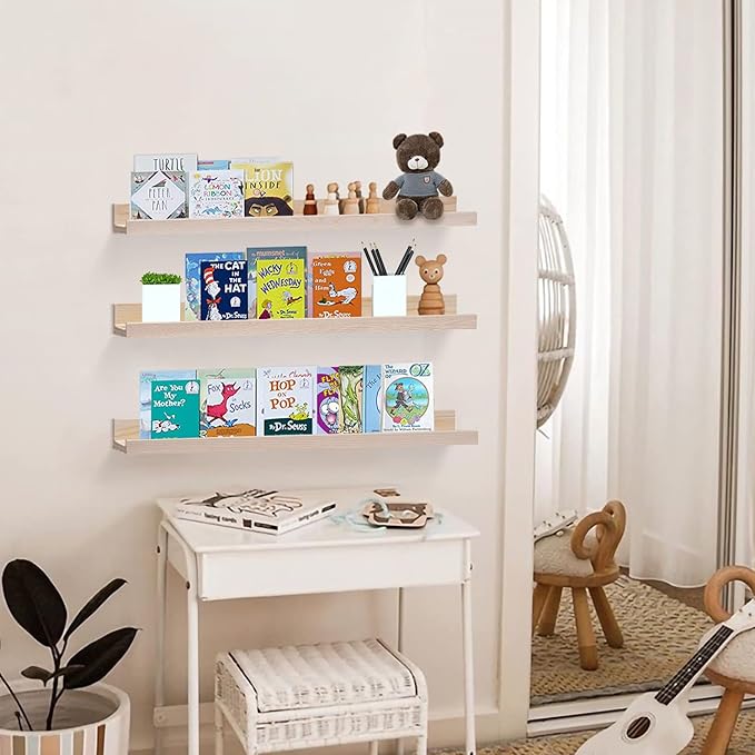 AZSKY Floating Picture Shelves 24 Inch a Set of 3 Wall Mount Long Narrow Photo Ledge Photo Frame Display Shelf Vintage Bookshelf for Nursery Mounting Hardware Included