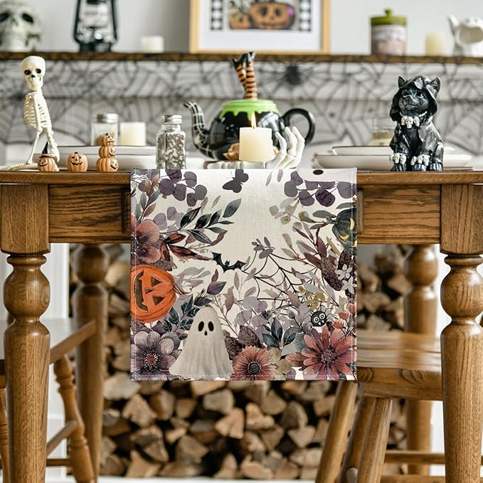 Artoid Mode Jack-O'-Lantern Pumpkin Floral Ghost Halloween Table Runner, Eucalyptus Kitchen Dining Table Decoration for Home Party Decor 13x90 Inch