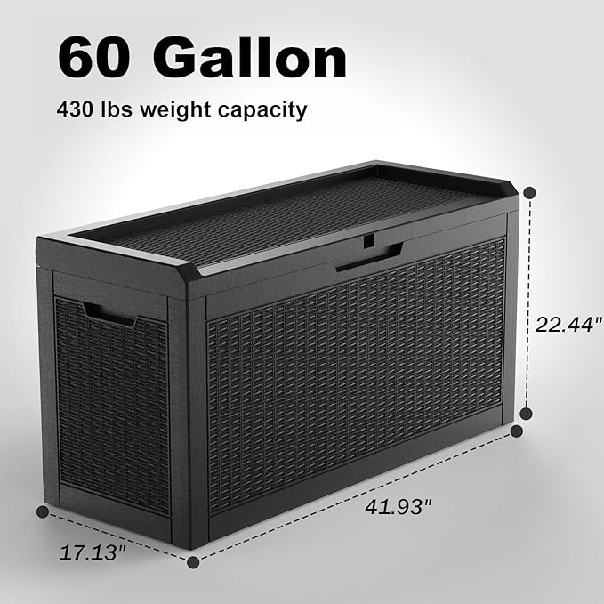 60 Gallon Deck Box Large Outdoor Storage for Patio Furniture,Outdoor Cushions,Garden Tools and Pool Supplies,Waterproof,Resin,Lockable(Black)