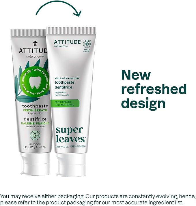 ATTITUDE Fresh Breath Toothpaste with Fluoride, Peppermint Flavor, Vegan & Cruelty-Free, Sugar-Free, Plant & Mineral-Based Ingredients, Clean Oral Care, 4.2 Oz