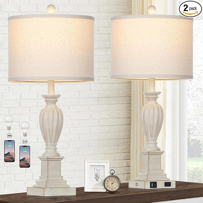 27" Farmhouse 3 Way Dimmable Touch Table Lamp Set of 2 Rustic Classic Bedside Nightstand Wood Lamps for Living Room Bedroom with USB C+A Ports Washed White (2 Bulbs Included)