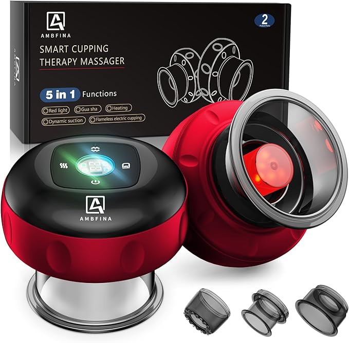 2 Electric Cupping Therapy Set, 5-in-1 Smart Cupping kit with Red Light Therapy, Gua Sha Massage Tool, Relieves Neck Shoulder Back Aches Muscle Soreness, Improves Blood Circulation - Red