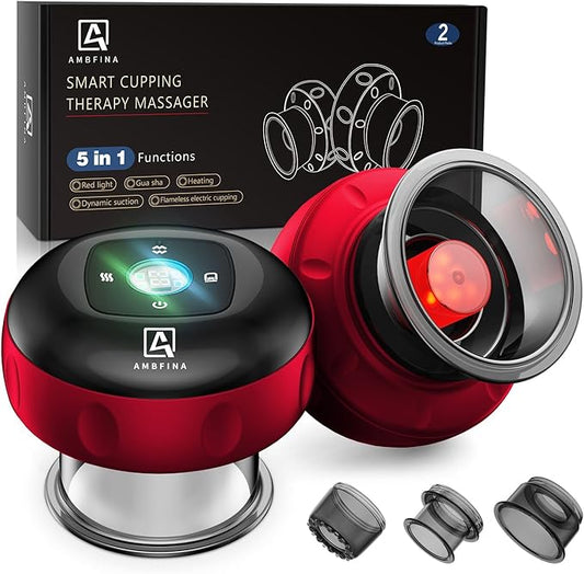 2 Electric Cupping Therapy Set, 5-in-1 Smart Cupping kit with Red Light Therapy, Gua Sha Massage Tool, Relieves Neck Shoulder Back Aches Muscle Soreness, Improves Blood Circulation - Red