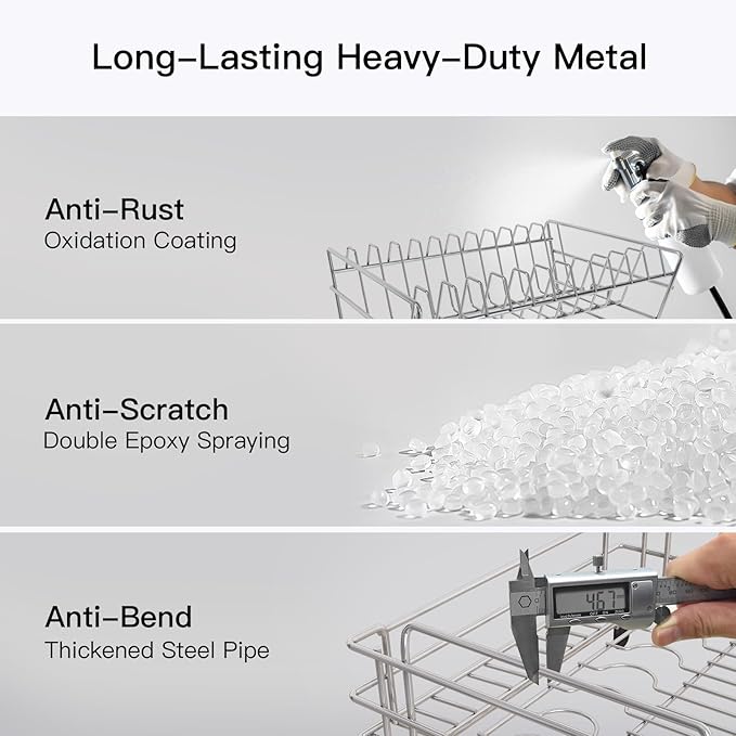 BOOSINY 2 Tier Grey Large Stainless Steel Dish Drainers Drying Rack for Kitchen Counter with Drainboard, Rust Proof Metal, Space Saving, Modern Aesthetic, Compact Plates Strainers with Extra Mat