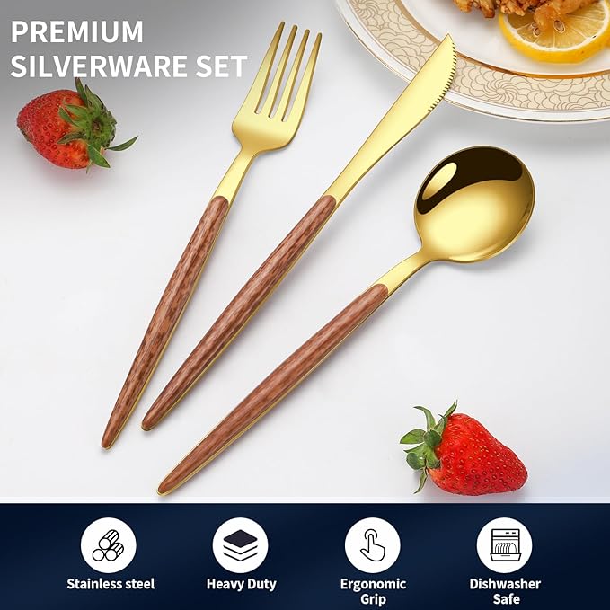 16 Pcs Gold Silverware Set with Simulated Wooden Handle for 4,Stainless Steel Cutlery Set,Mirror Polished Tableware Utensils Flatware Set,Include Knives Spoons and Forks set,Dishwasher Safe