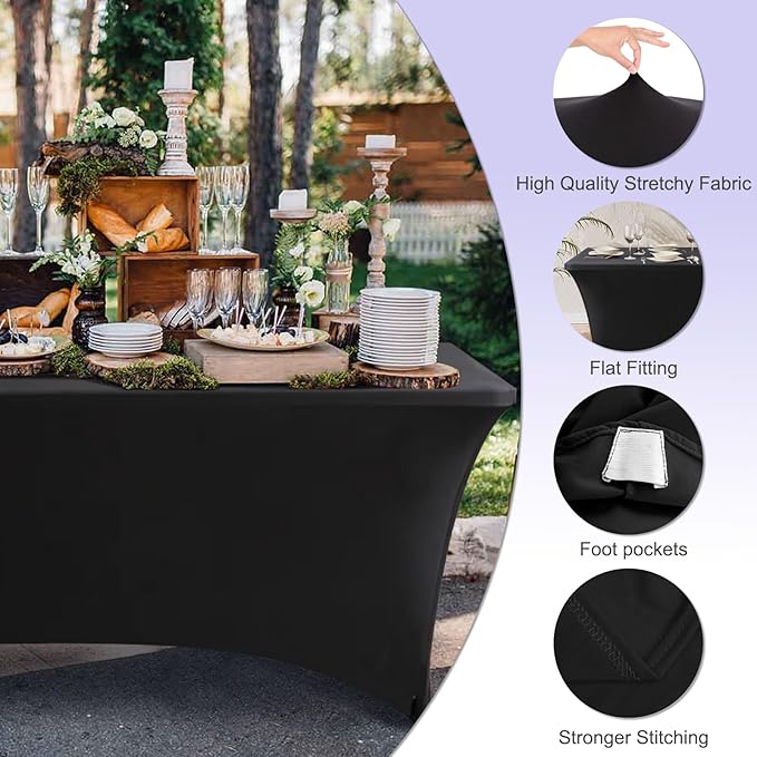 ABCCANOPY 8 FT Black Spandex Table Cover Stretch Fitted Wrinkle Resistant Tablecloth Reuse for Rectangular Folding Table Patry Event Wedding Banquet Protector