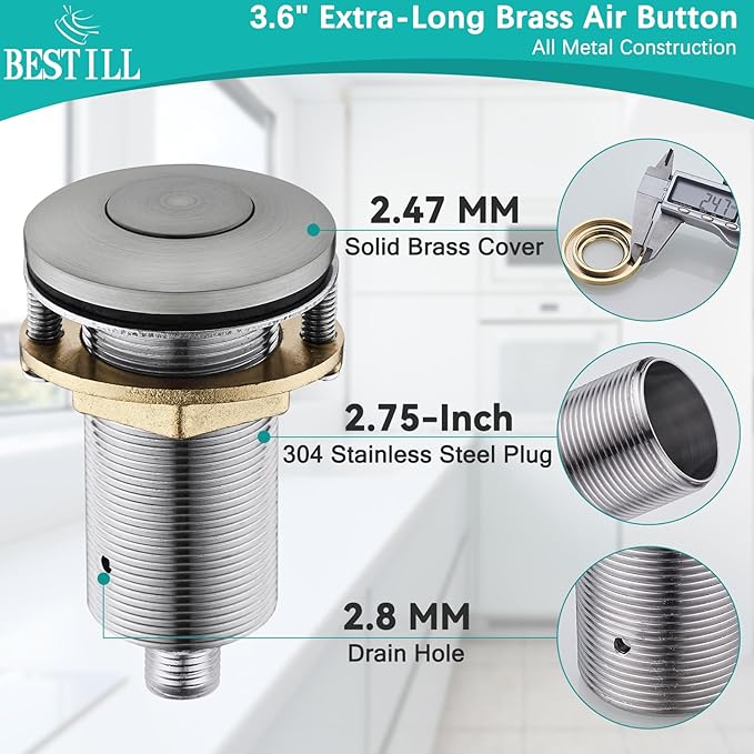 BESTILL Garbage Disposal Air Switch Kit - UL Listed, Brass 3.6" Long Push Button for Waste Disposer, Cordless Sink Top Switch Button, Brushed Nickel, Compatible with all Garbage Disposals