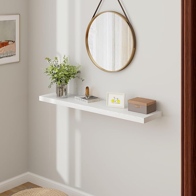 48 Inch Floating Shelves White, Rustic Wood Floating Shelf Wall Mounted, 9 Inch Deep Floating Shelf for Kitchen, Bedroom, 48 x 9 Wall Shelves for Home Storage, Set of 1