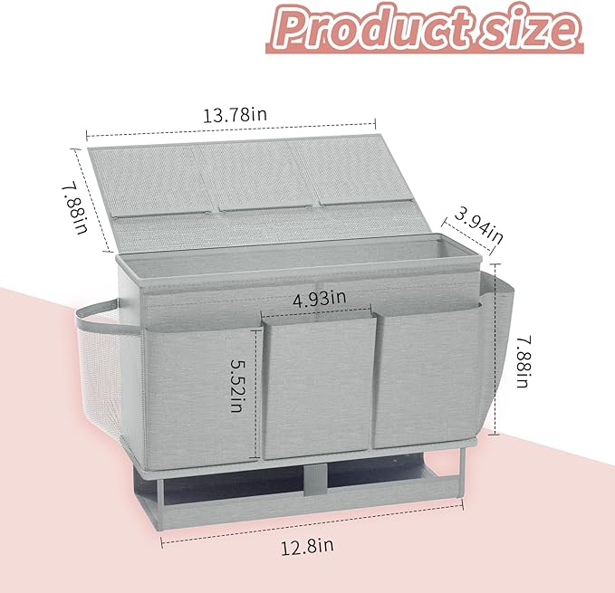 Bedside Caddy, Bed Organizer with 11 Pockets and Power Strip Holder,Versatile Bedside Storage Caddy for Home,Dorm,Bunk,Hospital,Crib Bed (Grey)