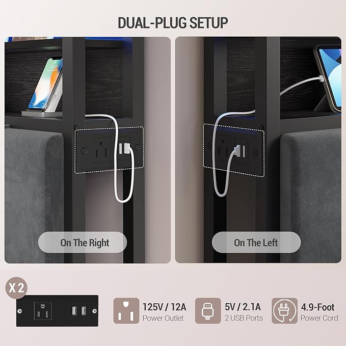 Headboard with 3-Tier Storage Shelves, Velvet Upholstered Head Board with 2 Outlets, USB Ports & LED Light, Soft Backrest for King Size Bed, Black BH19404B