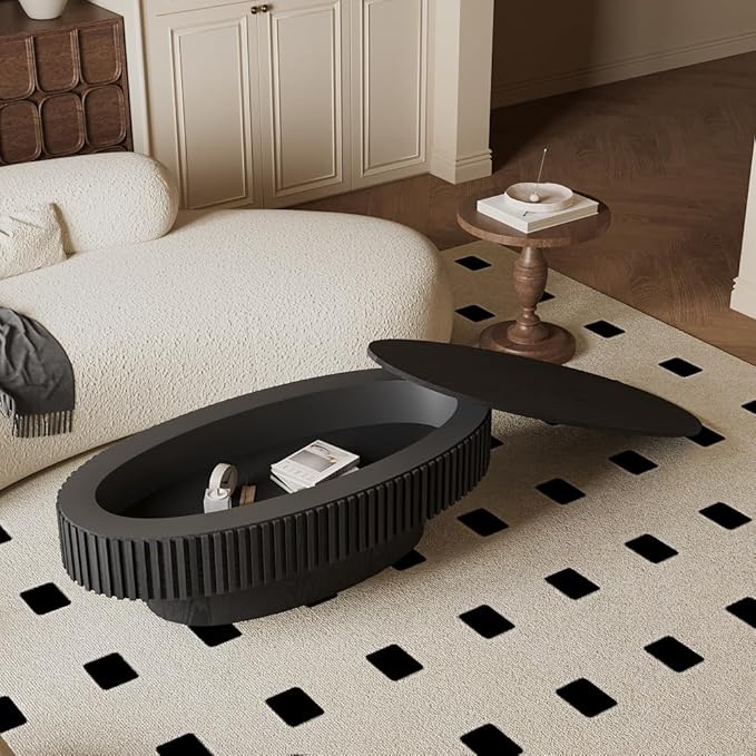 47.2''Oval Coffee Table with Storage, Mid Century Modern Fluted Drum Center Tables with Lid, Solid Wood Side Pedestal Coffee Table Tea Table for Living Room, Bedroom, Apartment-Black