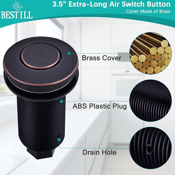 BESTILL Garbage Disposal Air Switch Kit-UL Listed, Cordless Sink Top Switch Button for Waste Disposer, 3.6" Long Push Button with Brass Cover, Oil Rubbed Bronze, Compatible with all Garbage Disposals