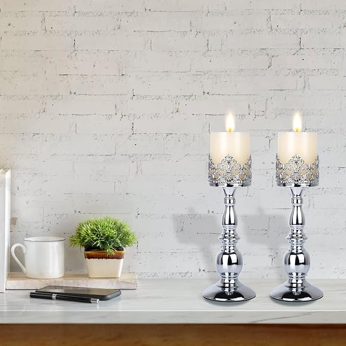 Candle Holders for Pillar Candles Gothic Matte Black Vintage Tall Candle Holders Set of 2 Decorative Large Table Centerpieces Candle Stand Decor (Silver 2PCS A)