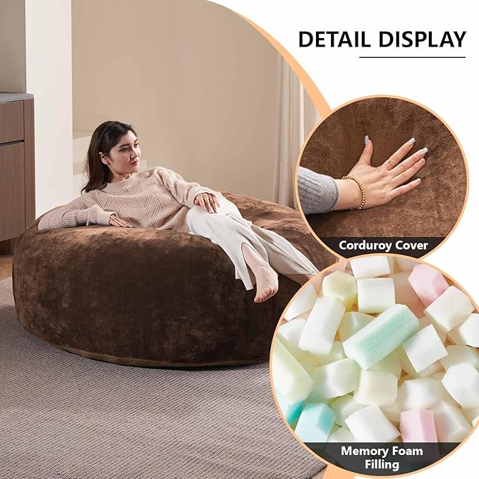 5FT，Big Bean Bag Chairs for Adults，Large beanbag with Filler Included，Memory Foam Material，Easy to Clean and Washable Corduroy Fabric，Suitable for Living Room and Bedroom (Coffee Color, 5 Foot)