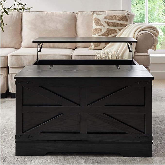 Black Coffee Table with Storage, Cocktail Table with Hinged Lift Top, Farmhouse Square Wood Center Table with Large Hidden Storage Compartment for Living Room, Square Coffee Table, Metal Edges Decor