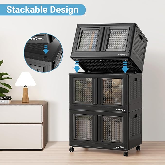 300Qt Stackable Storage Bins with Lids, 75Gal Closet Organizers and Storage Drawer, Plastic Collapsible Storage Bins with Doors, Heavy Duty Store Box Cabinet for Home Kitchen, 3Pack Black