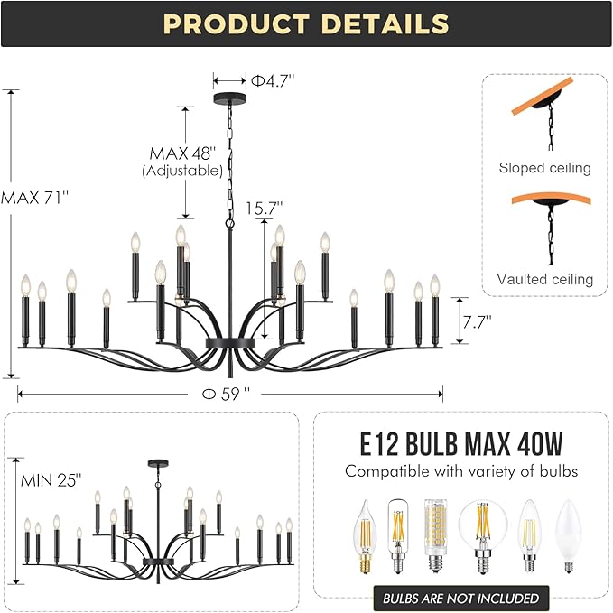 Black Living Room Chandelier 18 Light Hight Ceiling Foyer Candle Chandelier Large Dining Room Light Fixture Over Table 59in Metal Modern Chandeliers Hanging Light for Entry Master Bedroom