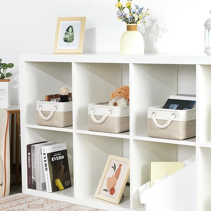Bidtakay Small Baskets Fabric Storage Baskets for Organizing 3-Pack 12x8x5 Inch Collapsible Storage Bins for Shelves Canvas Bins for Closet Organization Baskets Storage Linen Closet S-White&Beige