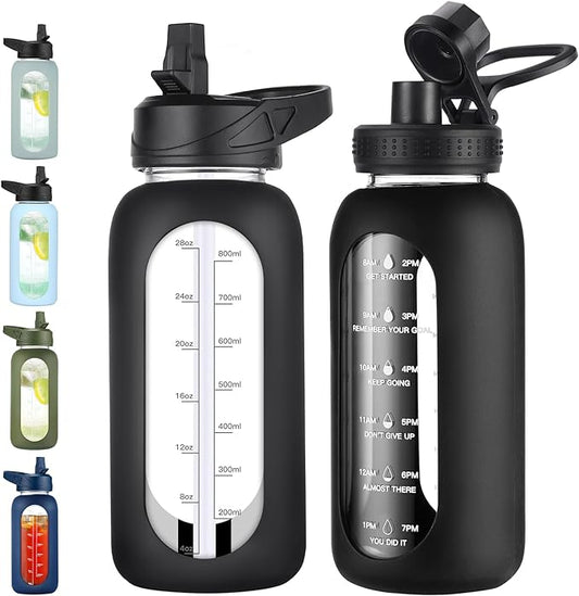 32 oz Glass Water Bottle with Straw and Handle, Sports Motivational Water Flask with Silicone Sleeve, Large Leakproof Water Flask Cup with Time Marker for Travel, Gym, Black